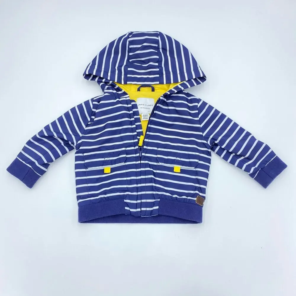 Janie & Jack Boy's Navy Striped Hooded Lined Windbreaker Size 6-12M